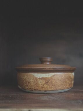 Vintage Stoneware Casserole Dish w Lid Brown Drip Glaze Rustic Crock
